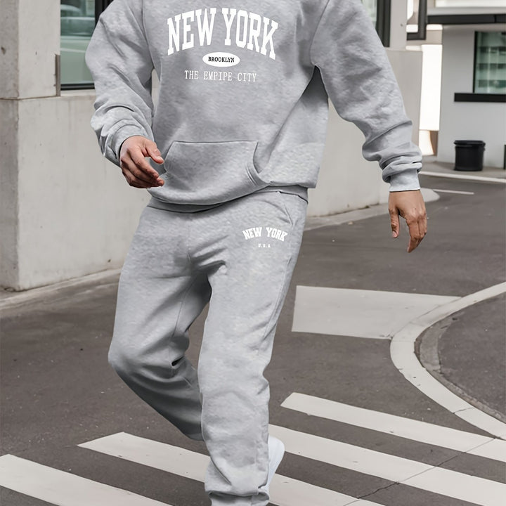 Men'S Thickened Fleece Sports Suit with New York Letter Print, Spring And Autumn Hooded Sweatshirt Set, Long Sleeve Casual And Comfortable with Pockets, Two-Piece Hoodie And Sweatpants.