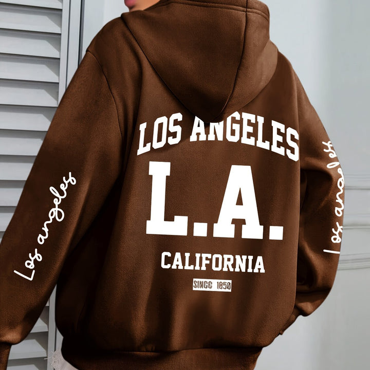 Women'S Plus Size Casual Hoodie with Los Angeles Print, Long Sleeve Pullover Sweatshirt with Pocket, 100% Polyester Knit Fabric, Slight Stretch, Fall/Winter Hooded Clothing