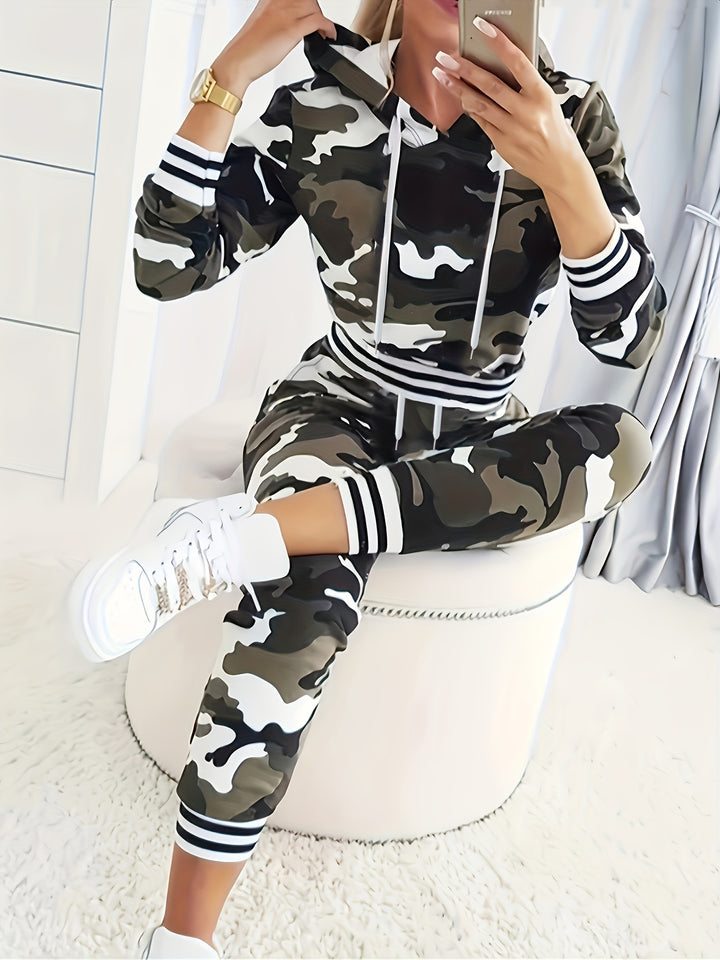 1set Women'S Camouflage Pattern Casual Hoodie and Pants Set, Polyester Knit Fabric with Pockets, Autumn/Winter Season, Fashionable Loungewear Outfit