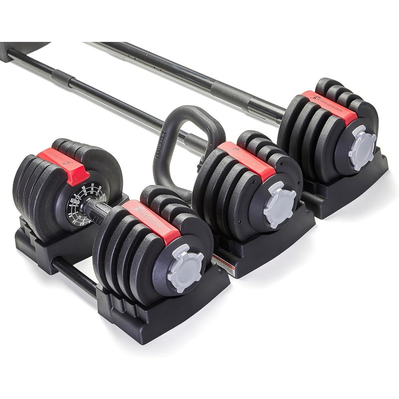 Home Fitness Black/Red Adjustable Smart Barbell/Dumbbell/Kettlebell from 2kg up to 19kg Training Weights