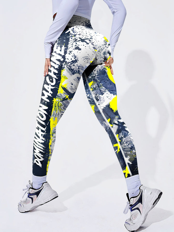 Fashionable Letter Printed High Waist Yoga Leggings - Bold Graffiti Color Block Design, Butt Lifting & Tummy Control, Womens Performance Running Tight Pants