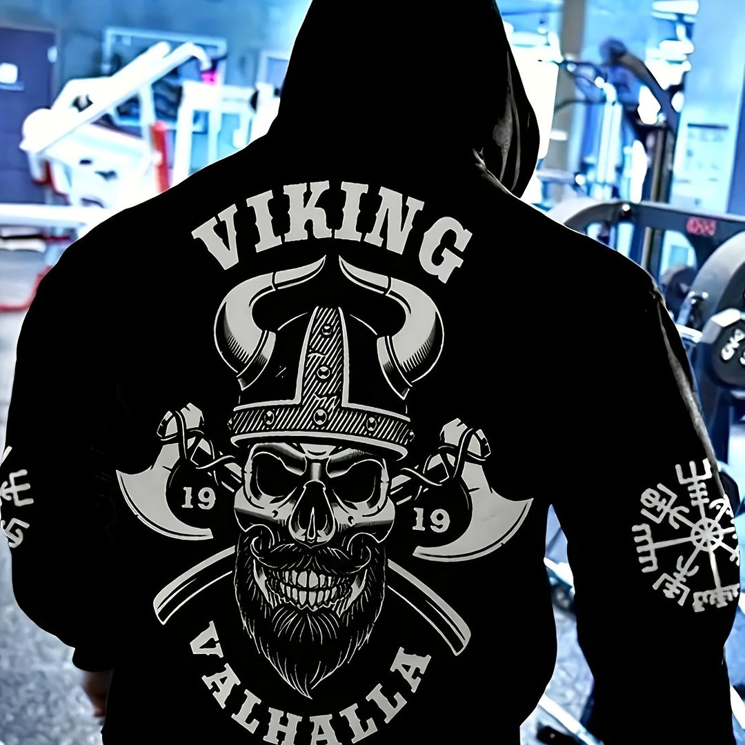 Plus Size Viking Skull Print Hoodie, Polyester 100%, Street Style Hooded Sweatshirt, Regular Fit, Geometric Pattern, Slight Stretch Knit Fabric, for Casual Fashion Pullover