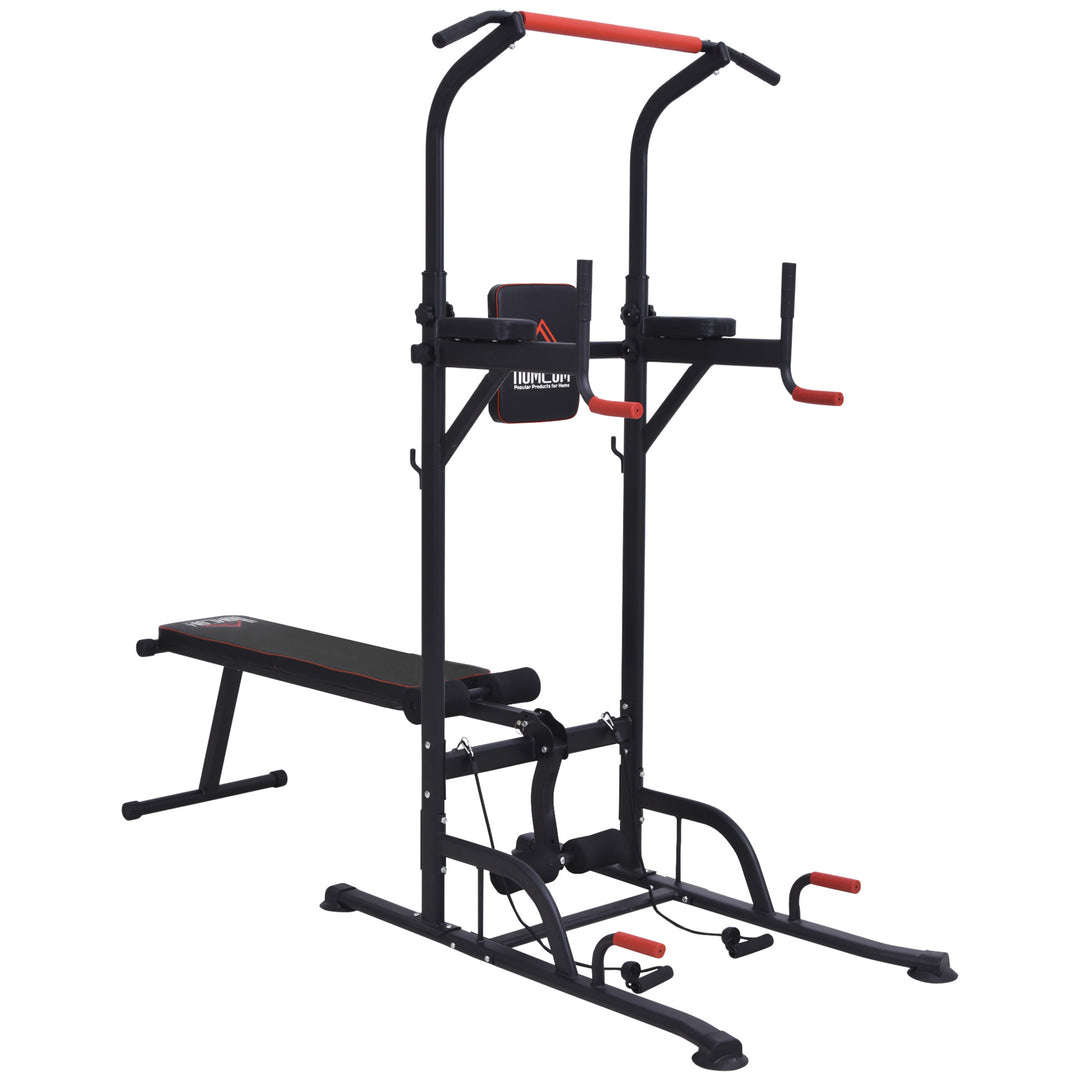 Multifunction Power Tower Home Workout Dip Station w/ Sit-up Bench Push-up Bars and Tension Ropes Fitness Equipment Office Gym Training