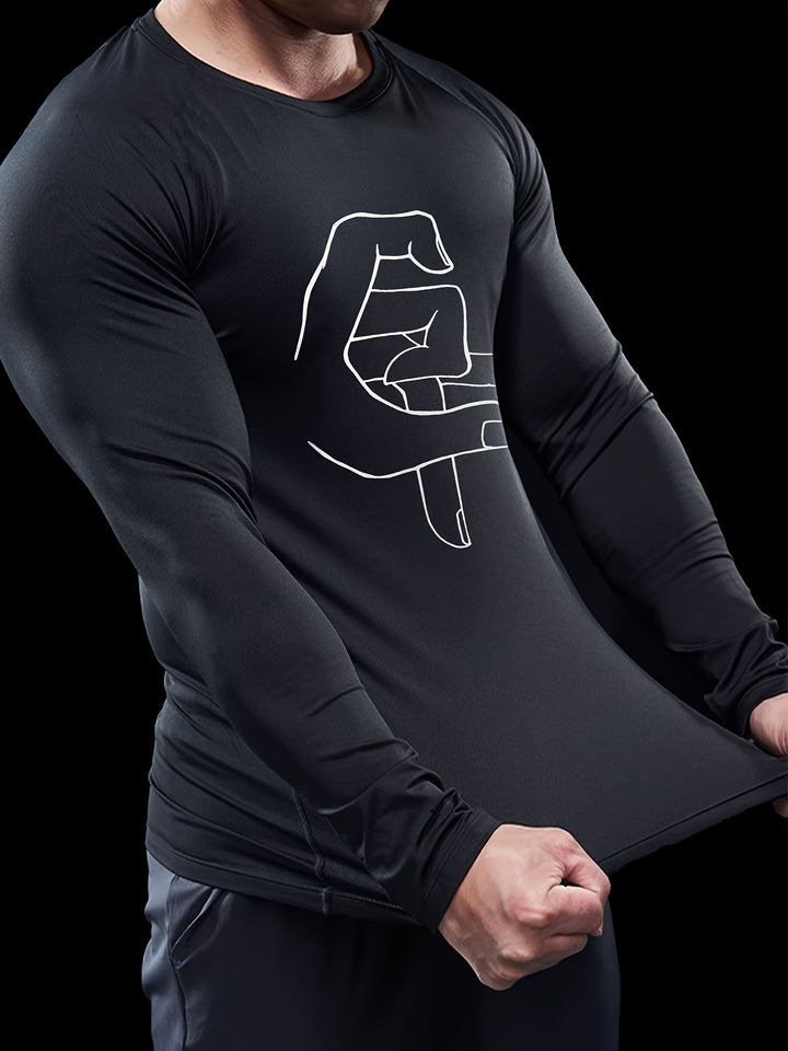 Men's Gesture Pattern Long Sleeve Fitness T-shirt, Compression Tight Sports Top