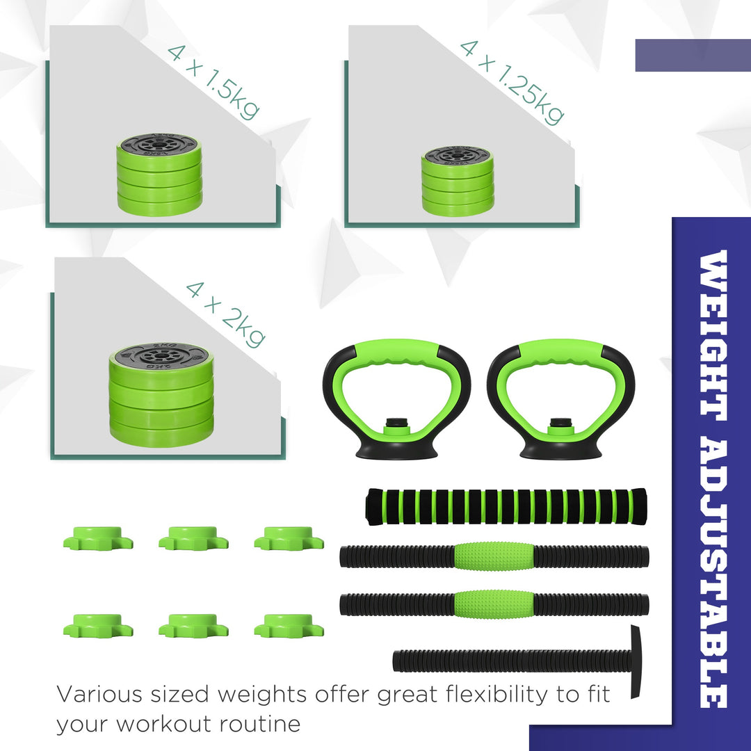 4-in-1 Adjustable Weight Dumbbells Set, Used as Barbell, Kettlebell, Push up Stand, Free Weights Set for Men and Women Home Gym Training, 20KG, Green