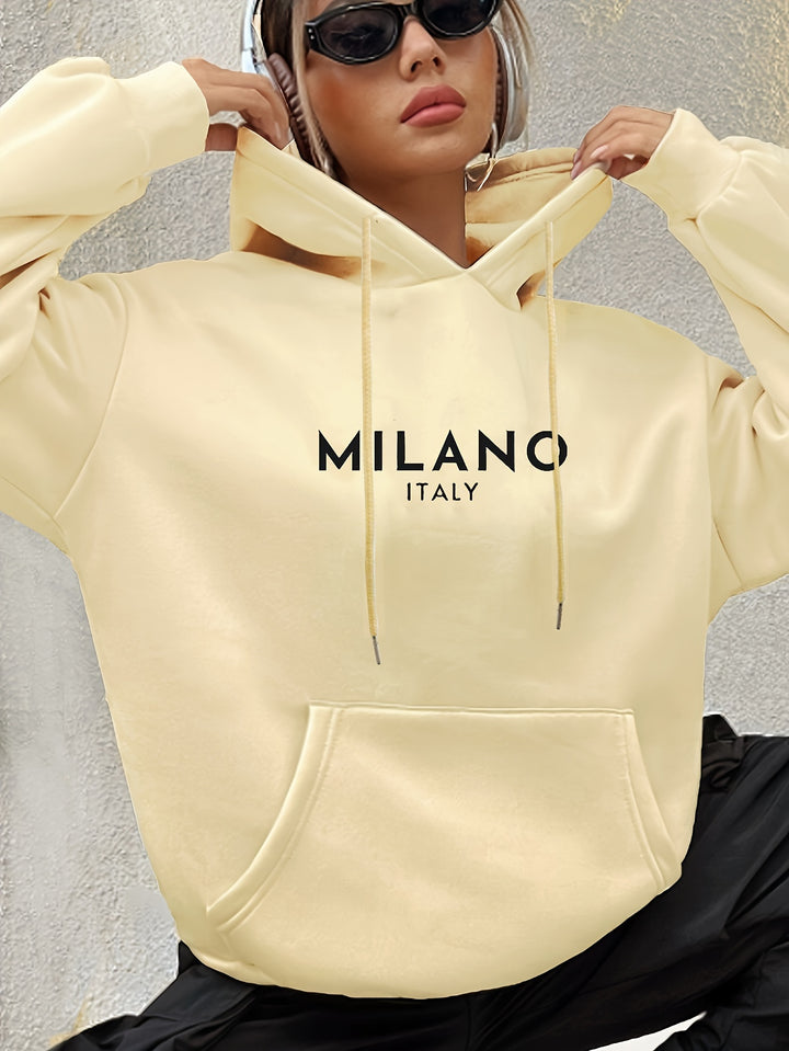 Milano Chic Kangaroo Pocket Hoodie - Soft Casual Long Sleeve Drawstring Sweatshirt with Relaxed Fit - Women's Comfortable Everyday Wear for Outdoor Activities