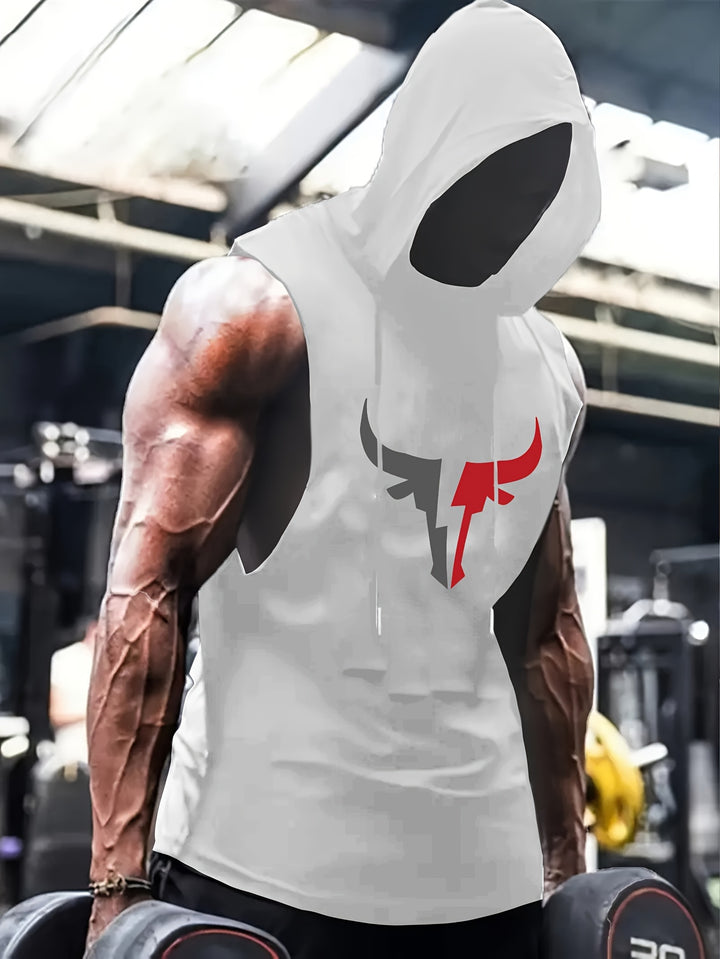 1pc Men'S Casual Polyester Hooded Workout Tank Top with Bull Horn Print, Regular Fit Sleeveless Athletic Gym Shirt