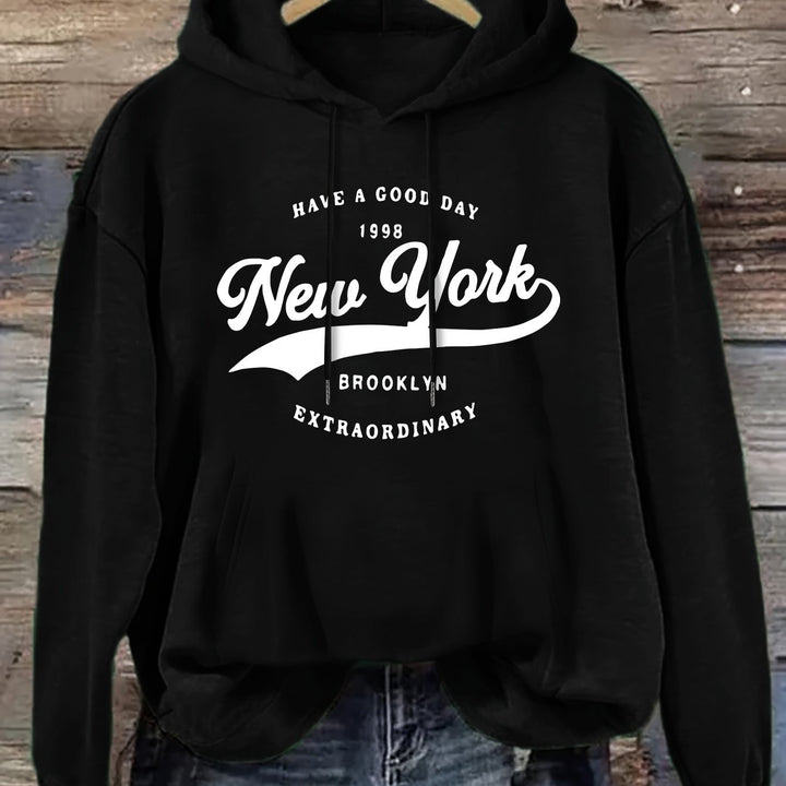 Women's New York Brooklyn Letter Print Long Sleeve Hoodie - Casual Knit Polyester Hooded Sweatshirt for Fall/Winter