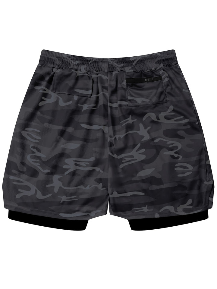 Men's Camouflage Pattern Double-layer Shorts With Drawstring And Pockets, Quick Dry And Comfy Shorts For Summer Fitness, Basketball And Running Wear