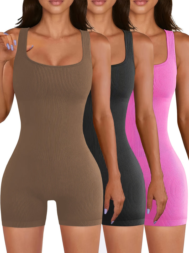 3pcs Women's Solid Color Sleeveless Yoga Jumpsuits, Seamless Ribbed Knit Gym Bodysuits, Casual Athletic Tank Rompers