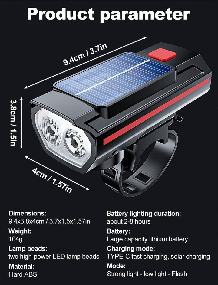 Rechargeable Bike Headlight with 120dB Horn - USB-C, LED Front Light for MTB & Road Bikes, 3 Modes