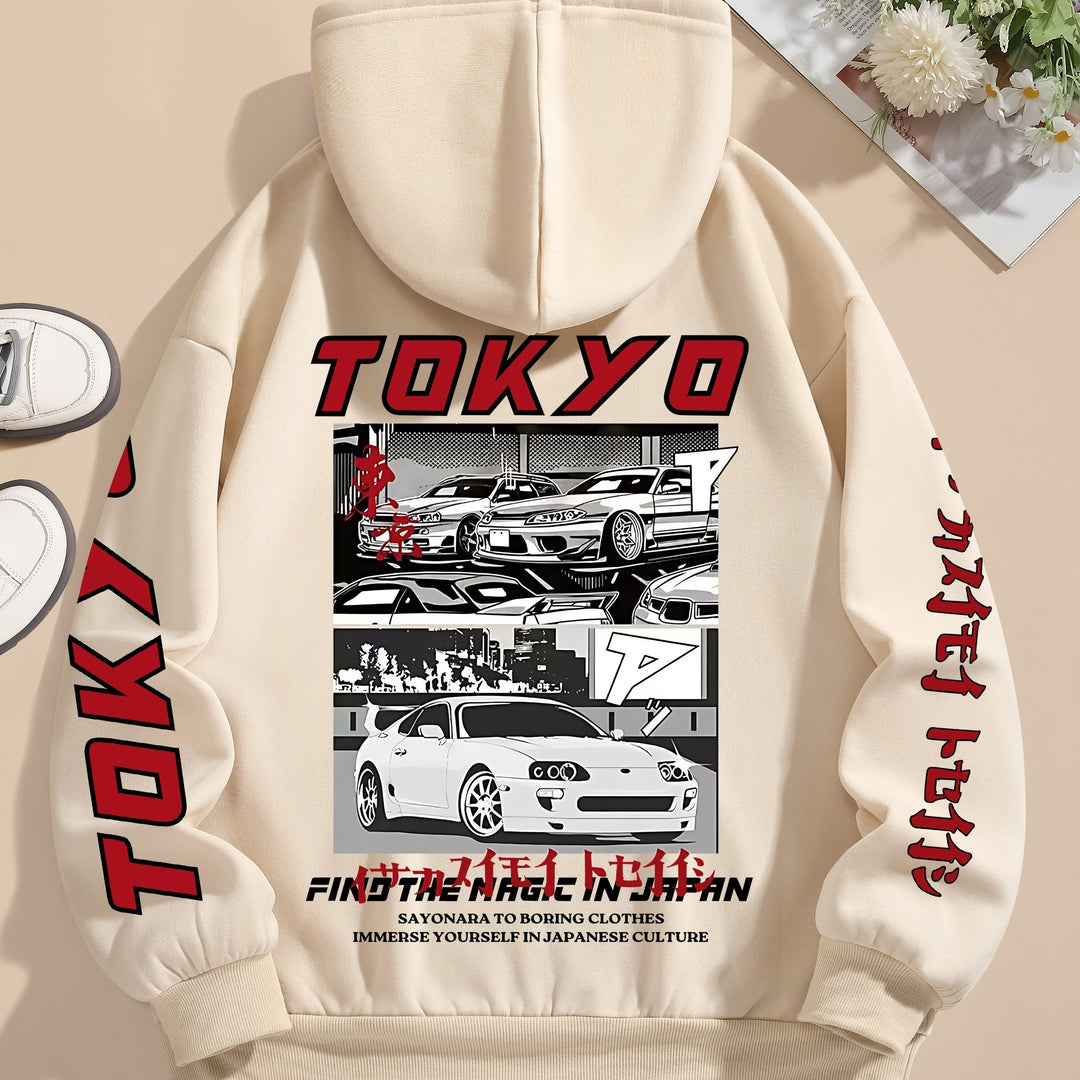 Women'S Casual Hooded Sweatshirt with Graphic Car Print, 100% Polyester Knit Fabric, All-Season Drawstring Hoodie, 250gsm - Fashionable & Comfortable