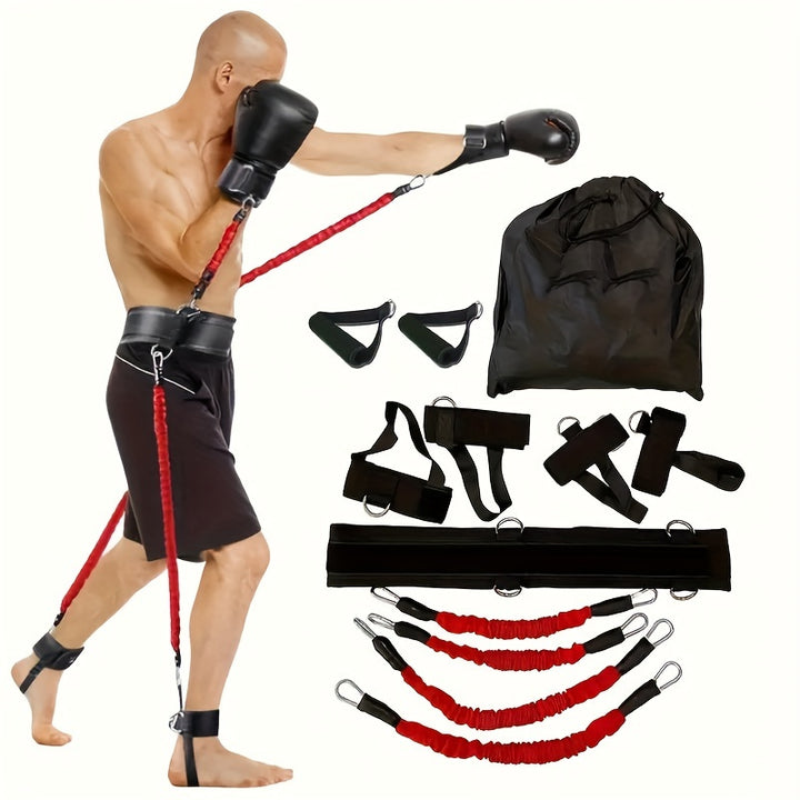 MMA Boxing Resistance Training Belt - 68.04KG Heavy Duty Punching Resistance Band Set For Home Boxing/Kickboxing Training, Full Body Workout, Increase Power/Speed/Agility, 12-Piece Resistance Loop, Boxing Power Training Equip