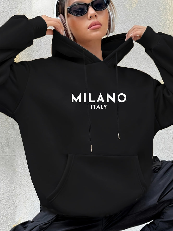 Milano Chic Kangaroo Pocket Hoodie - Soft Casual Long Sleeve Drawstring Sweatshirt with Relaxed Fit - Women's Comfortable Everyday Wear for Outdoor Activities