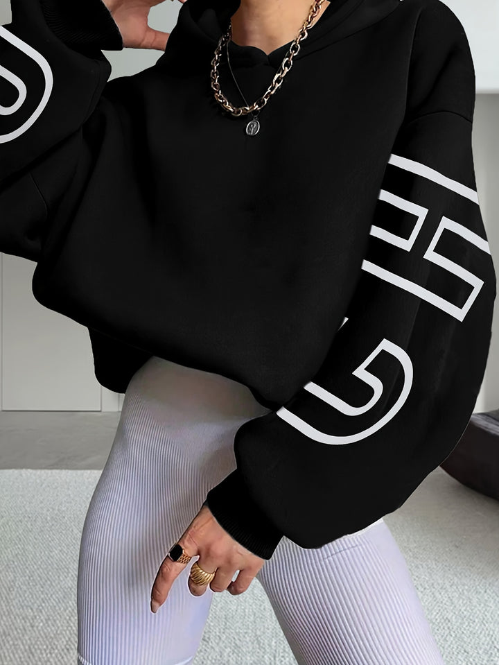 SPECHIR Chic Women's Black Hoodie with White "NEW YORK" Lettering - Elegant Polyester Knit, Long Sleeve, Drop Shoulder Design, Machine Washable for Fall/Winter, Oversized Hoodie