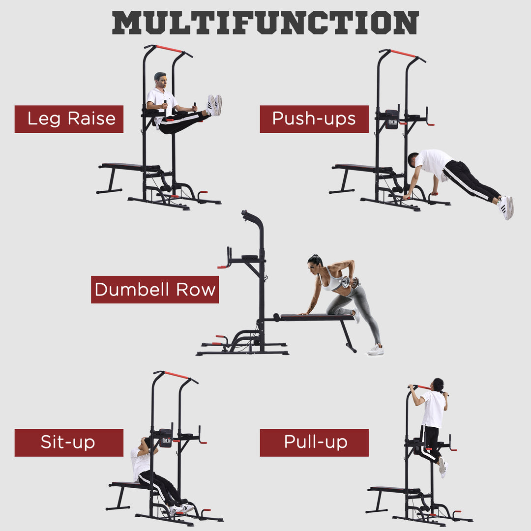 Multifunction Power Tower Home Workout Dip Station w/ Sit-up Bench Push-up Bars and Tension Ropes Fitness Equipment Office Gym Training