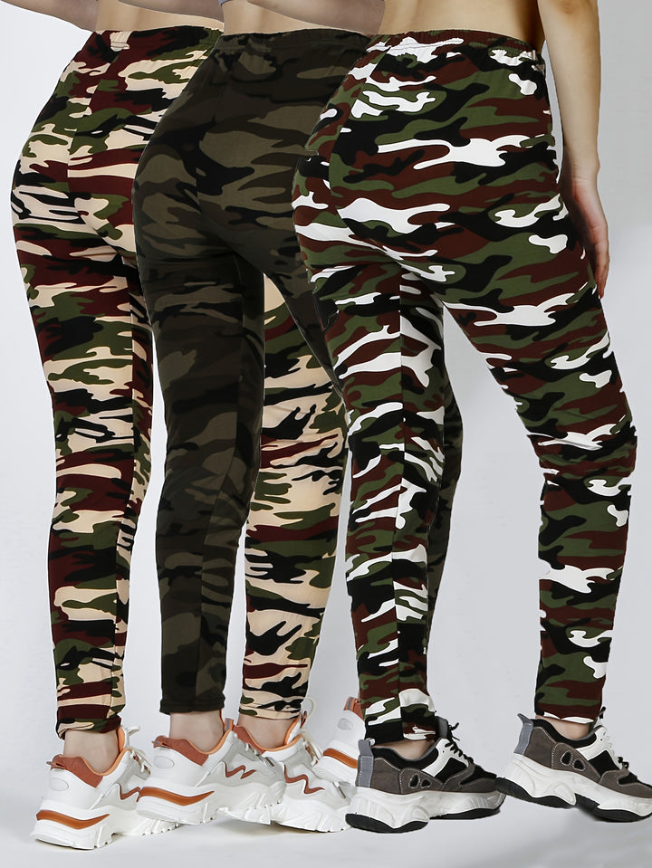 3pcs Women's High-Waist Camo Print Leggings - Stretchy, Breathable Activewear for Running & Fitness, Machine Washable