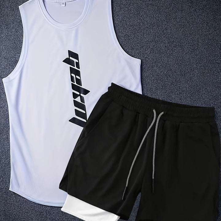 Men's Summer Fashion 2-pack Co Ord Set Of Sportswear, Letter Print Tank Top & 2 In 1 Drawstring Shorts, Chic And Stylish Set For Fitness Running And Training Wear