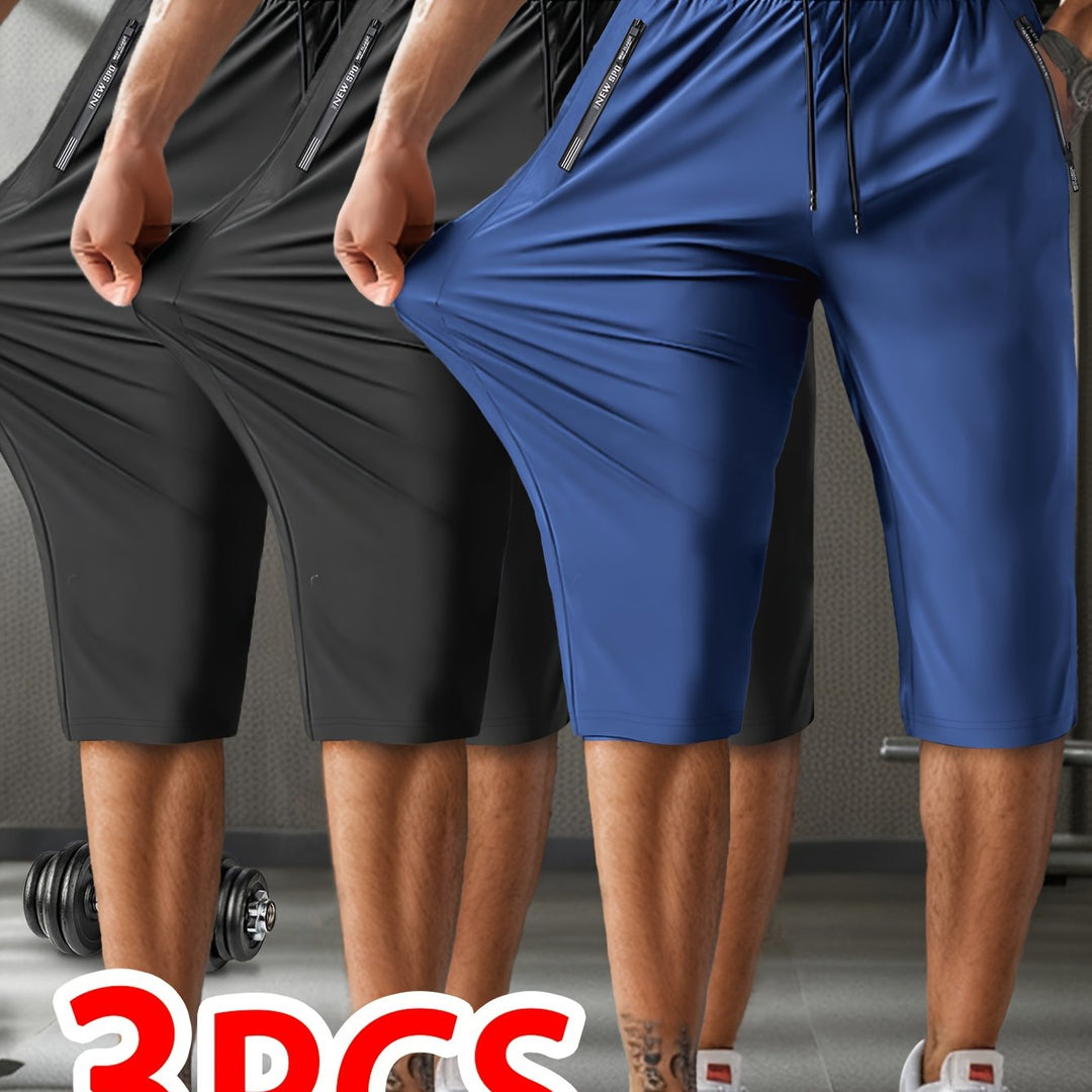 3pcs Men'S Casual Active Polyamide Shorts, High Stretch Knit Fabric, Solid Color, Straight Leg, with Pockets, Elastic Waist with Drawstring