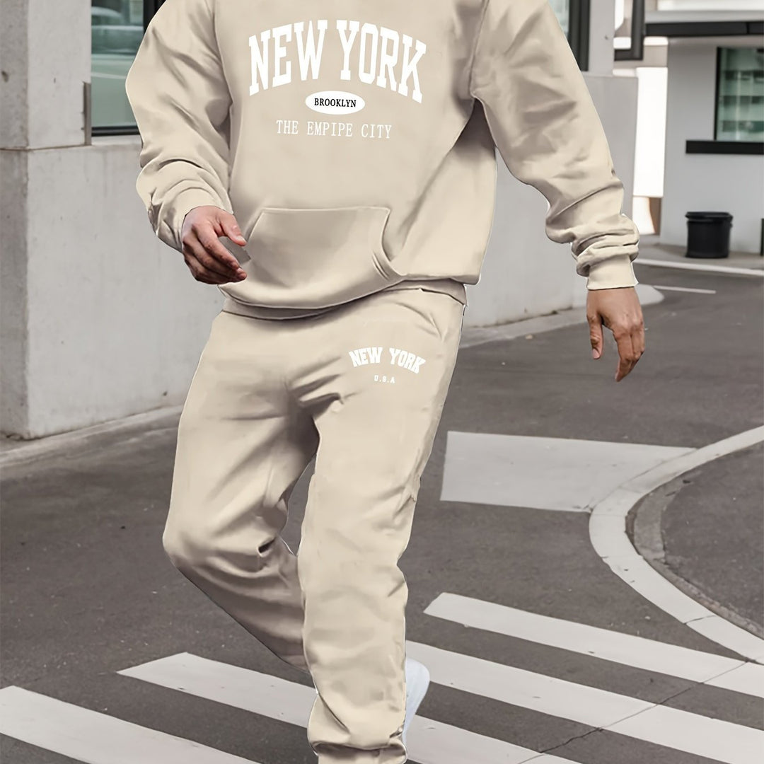 Men'S Thickened Fleece Sports Suit with New York Letter Print, Spring And Autumn Hooded Sweatshirt Set, Long Sleeve Casual And Comfortable with Pockets, Two-Piece Hoodie And Sweatpants.