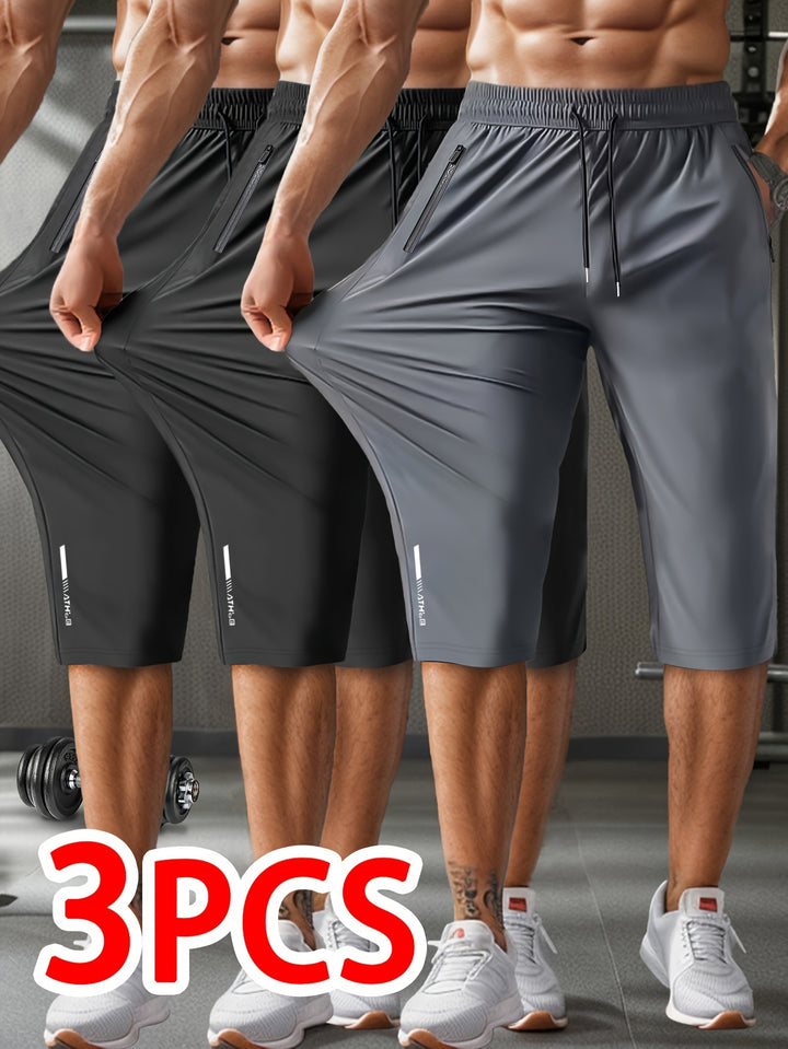 3pcs Men'S Casual Active Polyamide Shorts, High Stretch Knit Fabric, Solid Color, Straight Leg, with Pockets, Elastic Waist with Drawstring