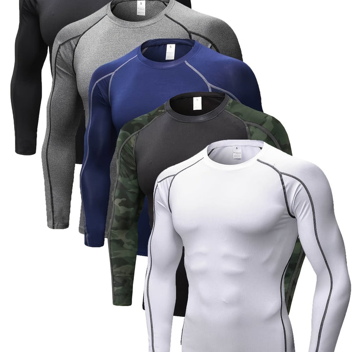 5pcs Men's Long Sleeve Quick-Dry, Moisture-Wicking Compression T-Shirts - Spandex/Polyester Athletic Tops in Black, Gray, Navy, White & Camo for Running & Training, Gym Shirts