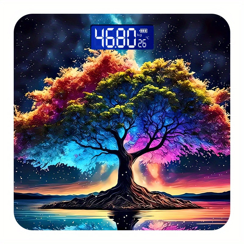 High Precision Digital Bathroom Scale with Vibrant Tree Design, Non-Slip, 396lb Capacity, AAA Battery Powered, Sensor Technology with 0.2kg Minimum Weighing - Batteries Not Included