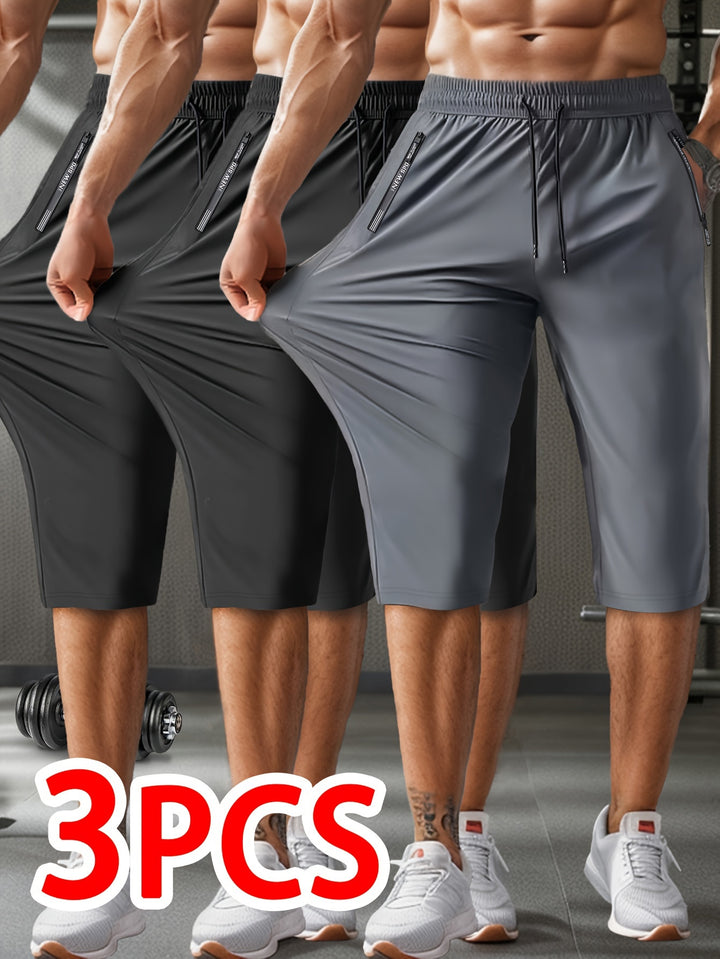 3pcs Men'S Casual Active Polyamide Shorts, High Stretch Knit Fabric, Solid Color, Straight Leg, with Pockets, Elastic Waist with Drawstring