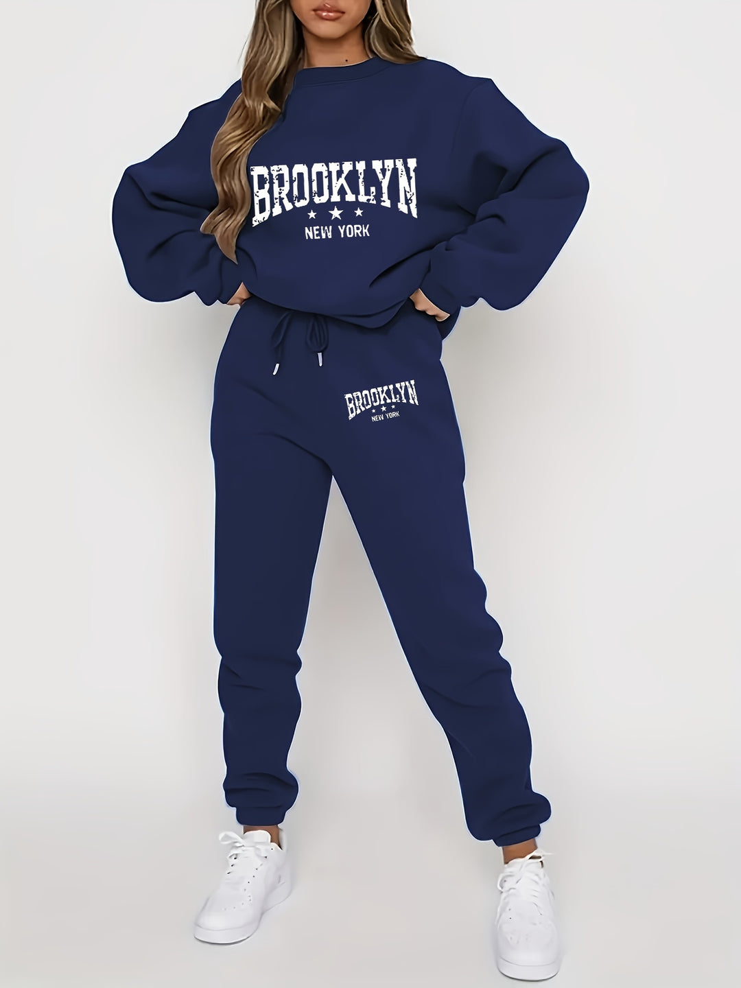 Brooklyn New York Casual Tracksuit Set for Women - Polyester Crew Neck Sweatshirt and Joggers with Alphabet Print - Knit Fabric, Regular Fit Lounge Wear for All Seasons