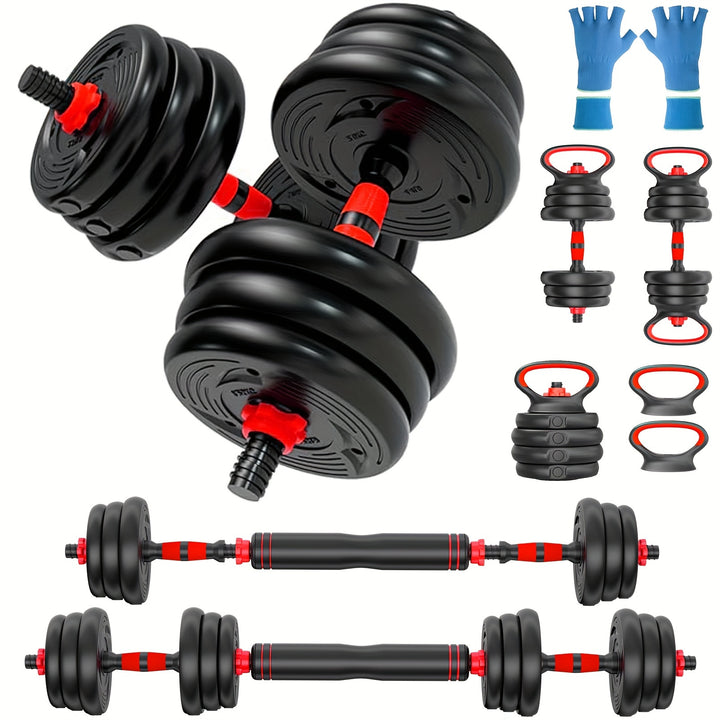 AJUMKER 19.96KG Adjustable Dumbbell & Barbell Set with Kettlebell Connector - Flexible Weight Adjustment, Durable Iron Home Gym Equipment for Men & Women, Includes Gloves & Jump Ropes, Ideal for Full Body Workouts, Gym Access