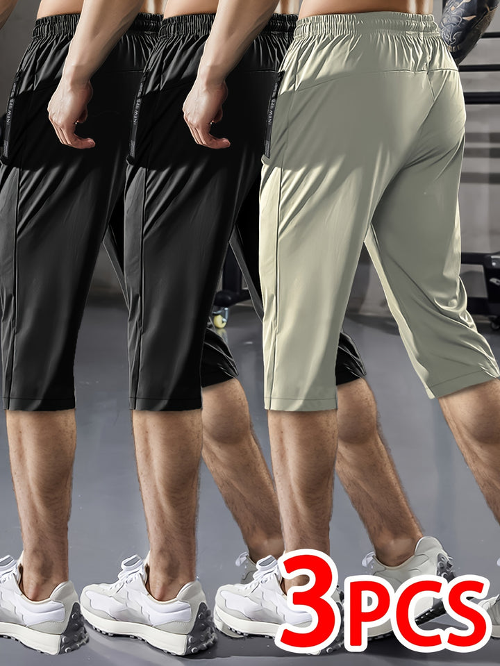 3pcs Men'S Casual Active Polyamide Shorts, High Stretch Knit Fabric, Solid Color, Straight Leg, with Pockets, Elastic Waist with Drawstring