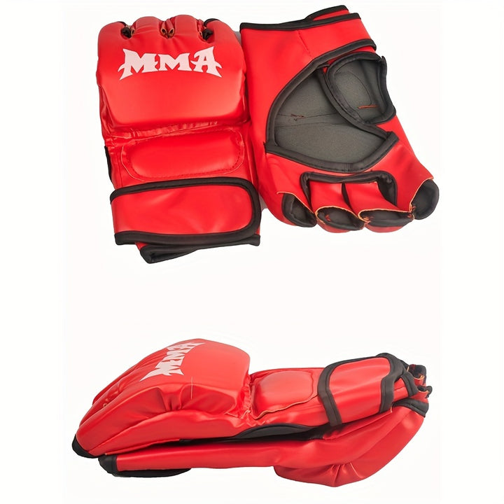 1 Pair Adult Half-Finger MMA Boxing Gloves with Hook & Loop Closure - Durable PU Material, Available in White/Red/Black