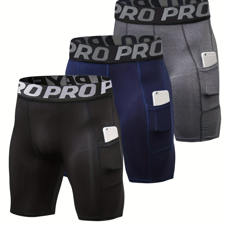 3pcs Men's High-Elastic Compression Shorts - PRO Pro Pro Design, Breathable & Stretchy Fabric, Perfect for Gym, Running & Sports Activities, Black with Side Pockets, Plus Size Shorts