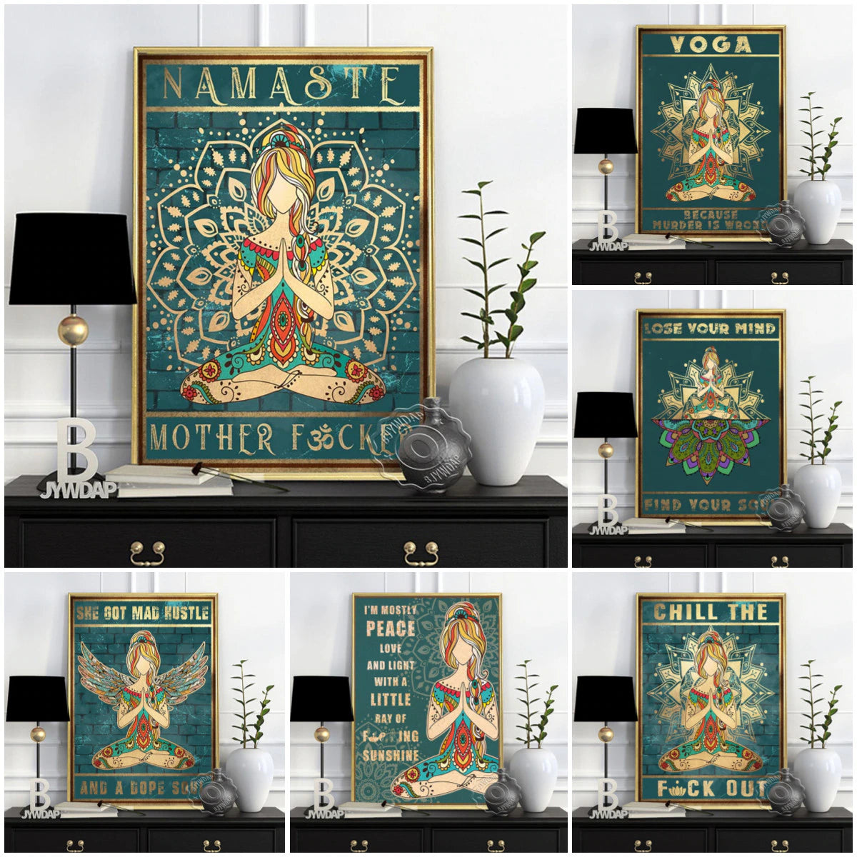 Nordic Style Meditation Relaxed Wall Art Picture, Yoga Blue Green Retro Art Poster, Namaste Yoga Gym Home Living Room Decor Gift
