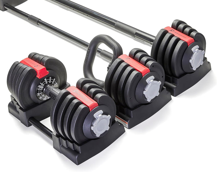 Home Fitness Black/Red Adjustable Smart Barbell/Dumbbell/Kettlebell from 2kg up to 19kg Training Weights