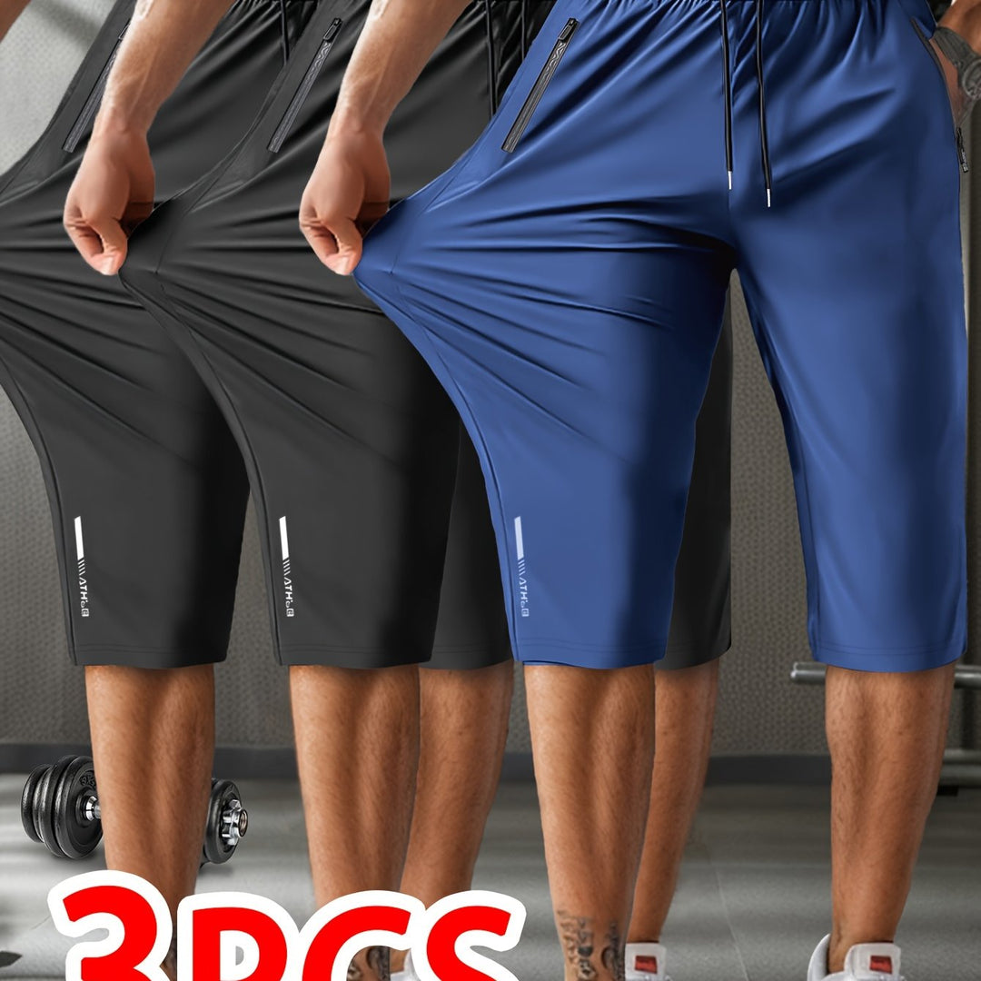 3pcs Men'S Casual Active Polyamide Shorts, High Stretch Knit Fabric, Solid Color, Straight Leg, with Pockets, Elastic Waist with Drawstring