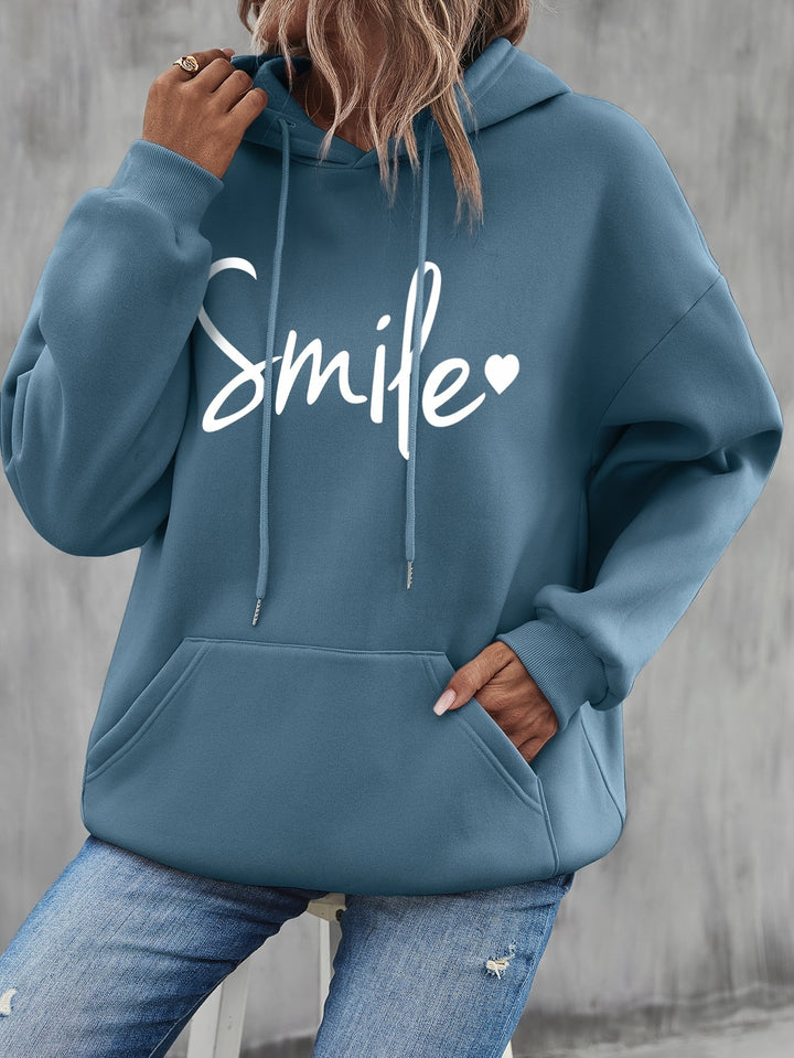 Smile Print Drawstring Hoodie, Casual Long Sleeve Hooded Sweatshirt With Kangaroo Pocket For Fall & Winter, Women's Clothing