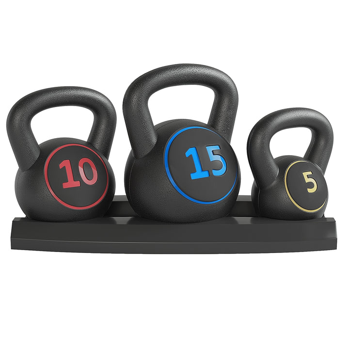 Yaheetech 3pcs Kettlebell Weight Set HDPE Kettle Bell Weight Lifting Training with Storage Rack, 5/10/15lb Weights for Home Workout Gym Exercise Fitness Strength Training