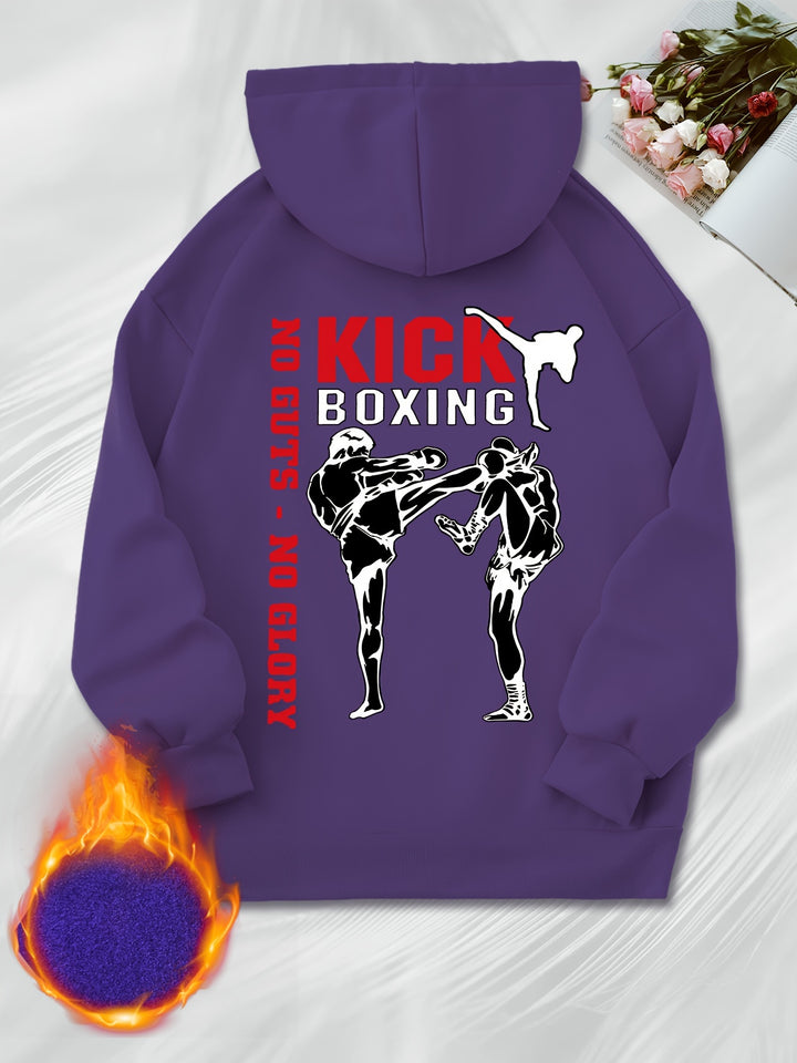 Women's Casual Boxing Print Fleece-Lined Hoodie with Drawstring & Kangaroo Pocket - Cozy Long Sleeve Pullover, Machine Washable