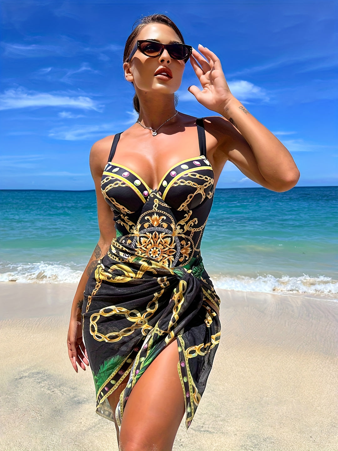 Chain Print Elegant 2 Piece Swimsuits, V Neck Push Up Spaghetti Strap One-piece Bathing-suit & Cover Up Skirt, Women's Swimwear & Clothing