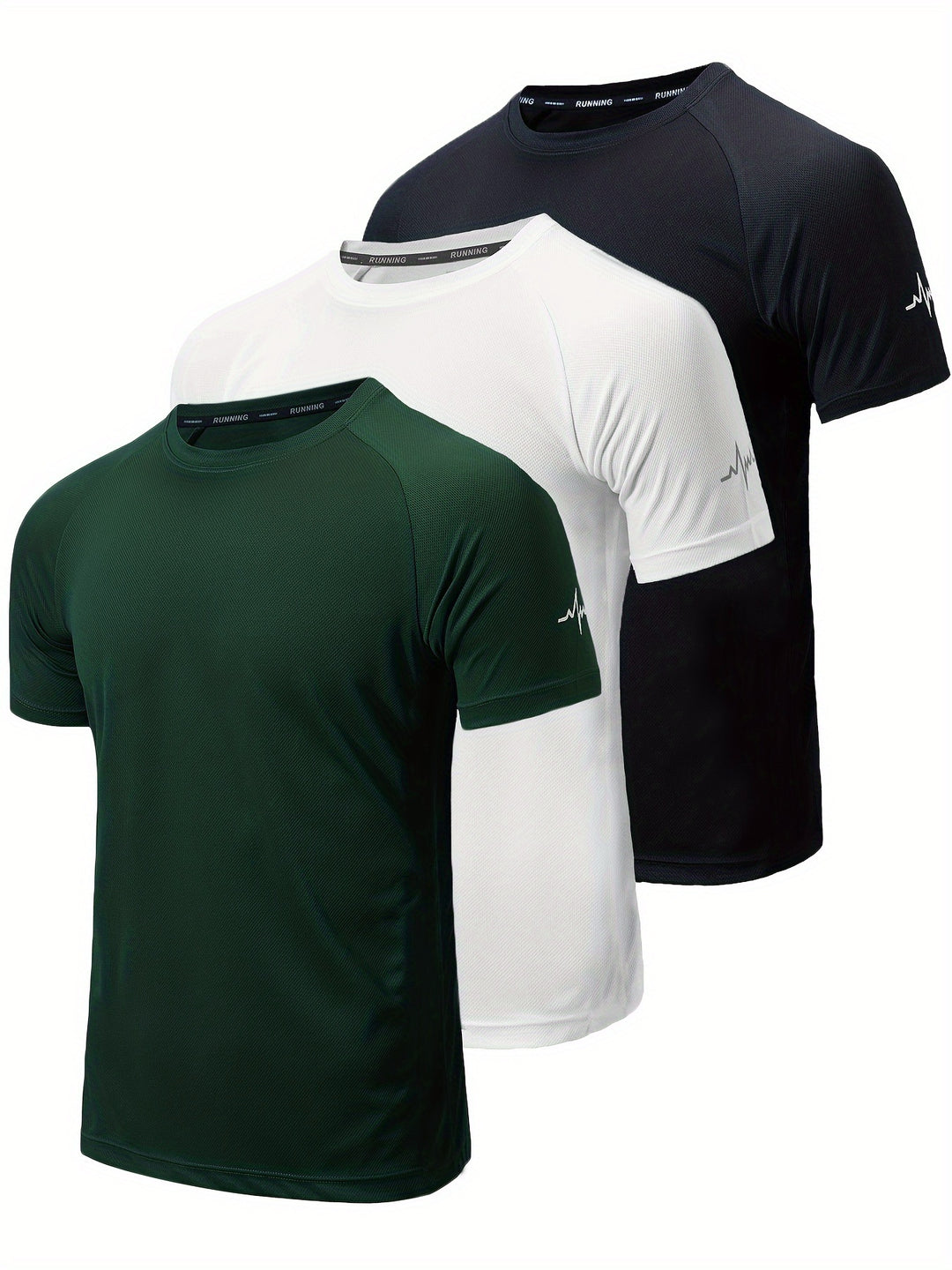 3pcs Men's Athletic Short Sleeve Crew Neck Moisture-wicking Shirts, Undershirt With Sleeve Electrocardiography Print, Sports Comfy Tee