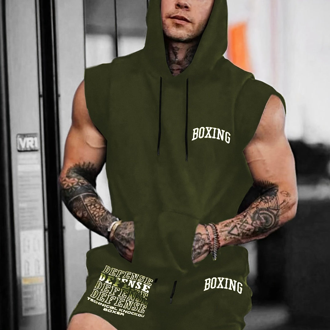 2-piece Men's Summer Sports Set, Novelty Boxing Letter Print Men's Sleeveless Hooded Vest With Kangaroo Pocket & Sports Shorts With Pockets co ord set