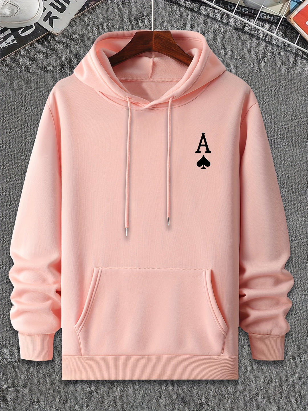 Men's Casual Pullover Hoodie with Geometric Spade Print, Polyester, Regular Fit, Knit Fabric, Pocket Detail, Sports Sweatshirt