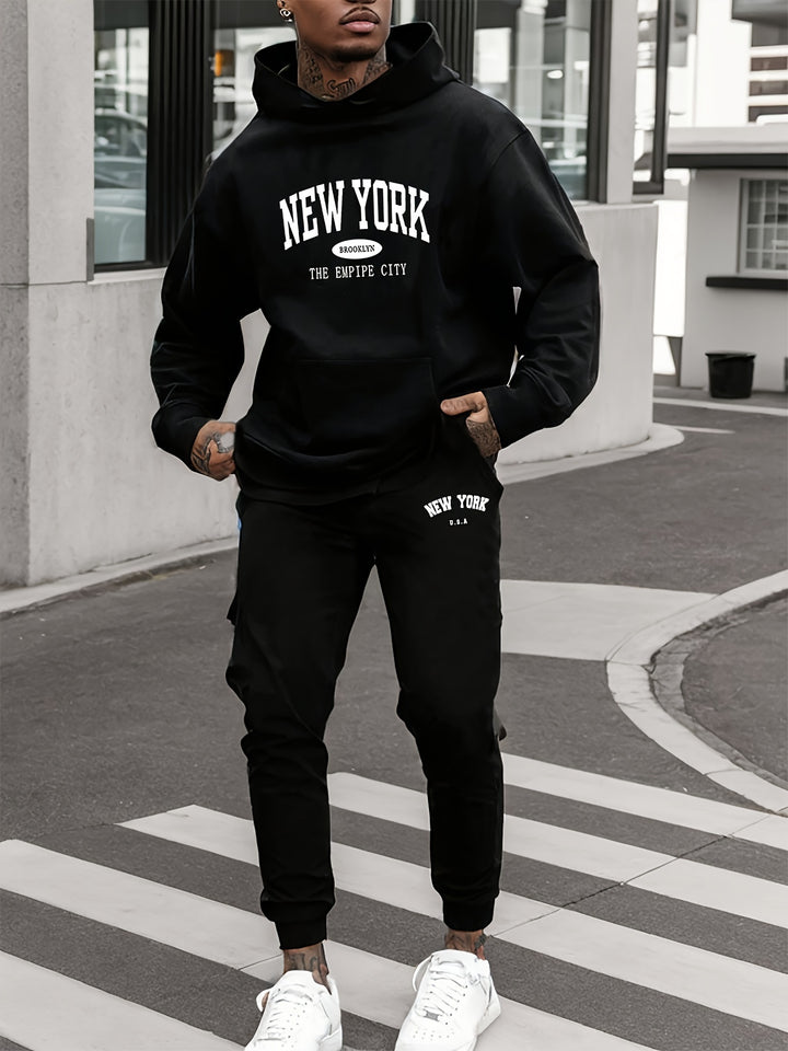 Men'S Thickened Fleece Sports Suit with New York Letter Print, Spring And Autumn Hooded Sweatshirt Set, Long Sleeve Casual And Comfortable with Pockets, Two-Piece Hoodie And Sweatpants.