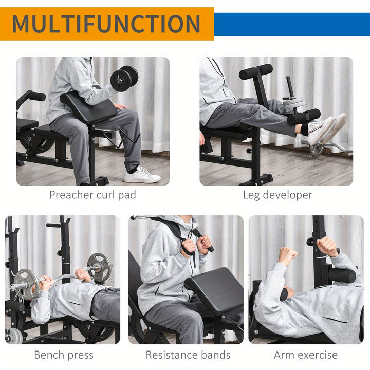 Multi-Exercise Full-Body Weight Rack with Bench Press, Leg Extension, Chest Fly Resistance Band & Preacher Curl