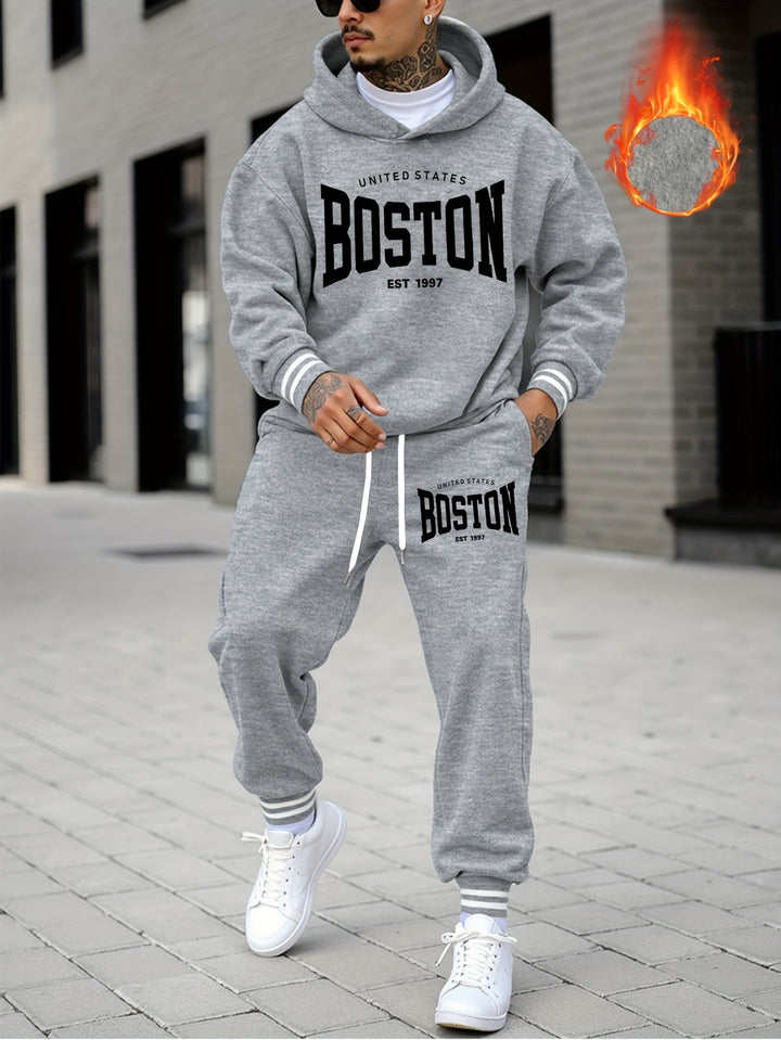 Men's Casual Sportswear Set - Printed Hoodie & Joggers, Polyester Blend, Machine Washable - Perfect for Fall/Winter