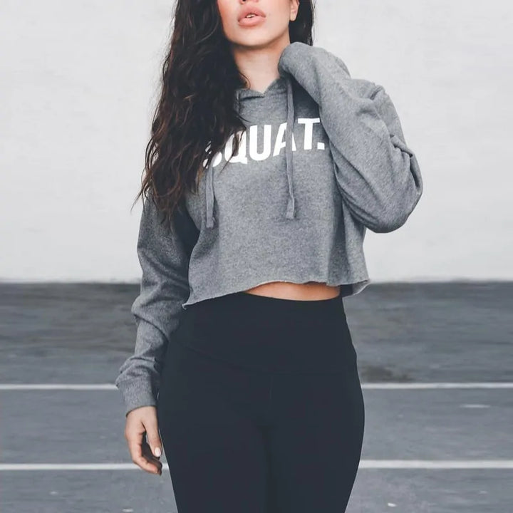 InstaHot Letter Print SQUAT Hoodies Women's Autumn Crop Tops