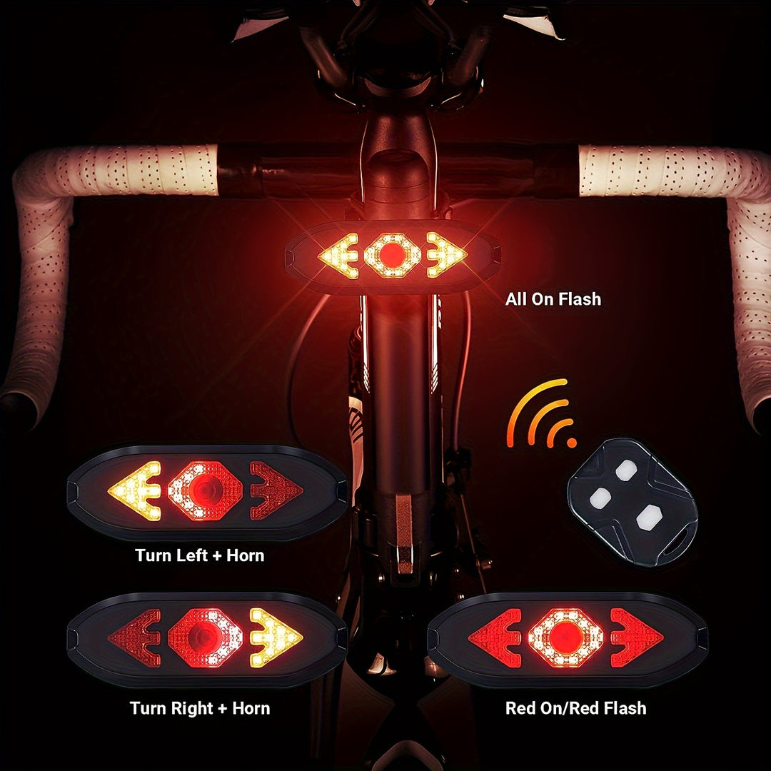 USB Rechargeable LED Bike Tail Light with Turn Signals - Remote Control, 120dB Alarm Speaker for Enhanced Safety, Black