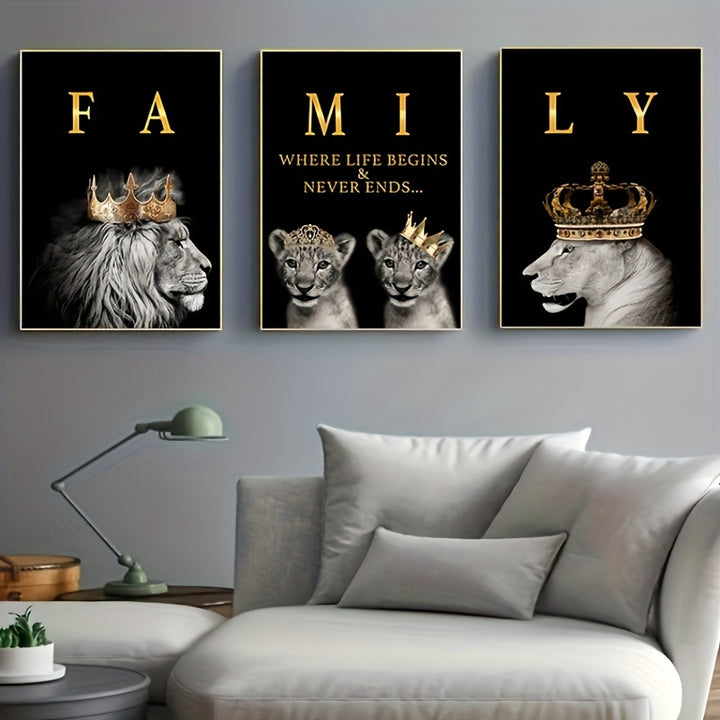 3pcs 15.7*23.6in/40cm*60cm Frameless Modern Abstract Family Of Lions Motivational Quotes Wall Art Canvas Painting Art for Living Room Cuadros Decor No Frame