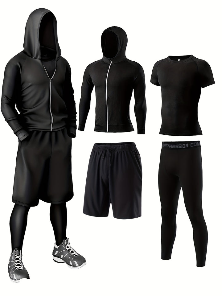 4-Piece Men's Athletic Set - Breathable Quick-Dry Sportswear, Running Gym Cycling Outfit, Casual Comfort Fitness Apparel with Hoodie, Jacket, Shorts & Leggings